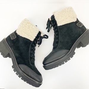 FRANCO SARTO Black and White Suede Leather and Sherpa Tangier 2 Boots SIZE 9.5